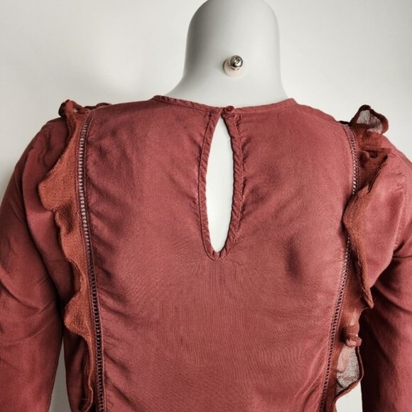 Aritzia Wilfred Brown Satin Long Sleeve Ruffle Bodice Peplum Top Size XXS - Picture 8 of 13